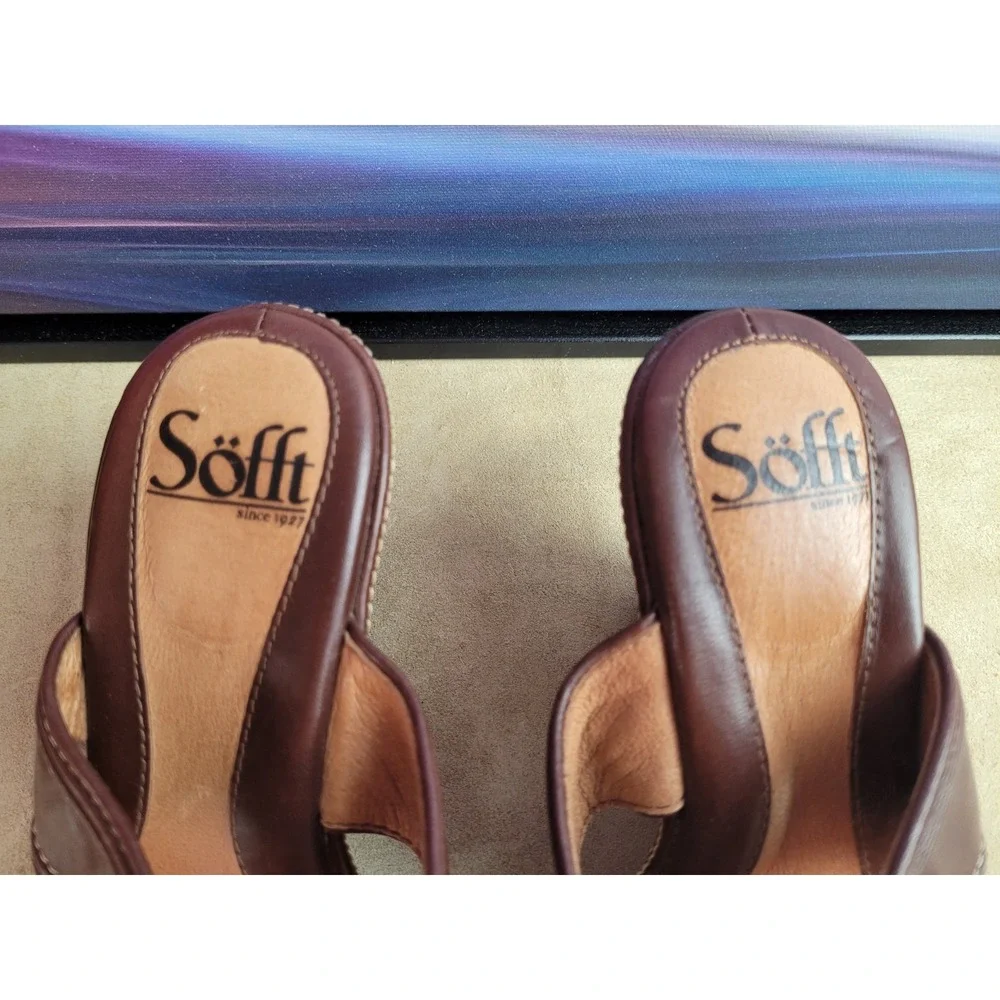 SOFFT Cork Wedge Heel Brown Leather Women's 6W Cutout Slip-On Platform Sandals